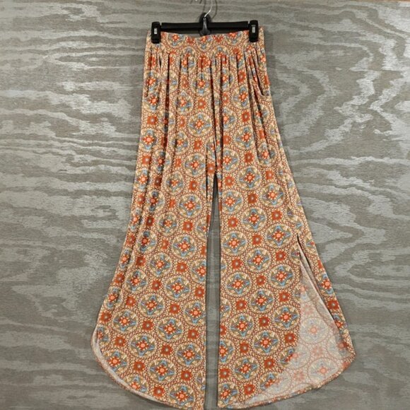 Free Shipping! Smocked Waist SZ S Slit Palazzo Leg Round Hem Printed Boho Pants - Picture 2 of 11